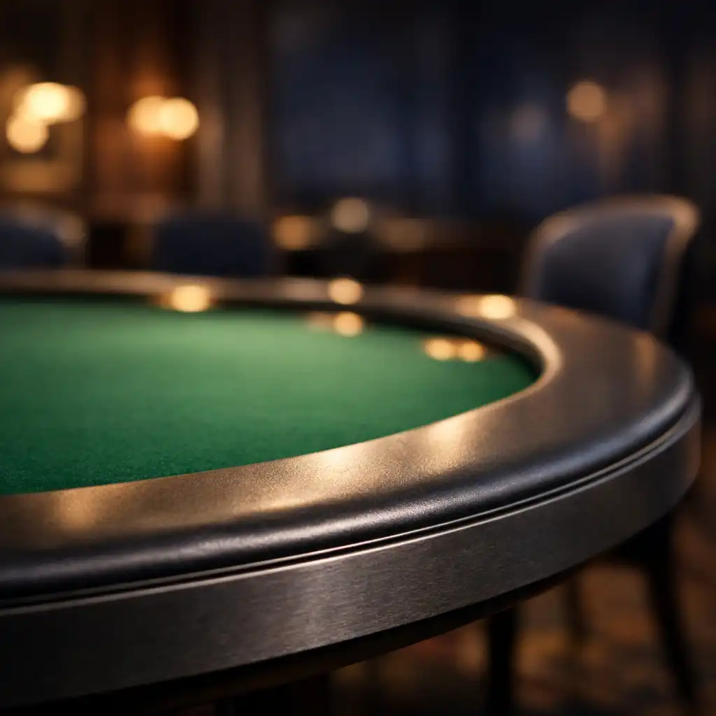 Detal fizycznego stołu pokerowego z grafitowym obrzeżem i zielonym suknem