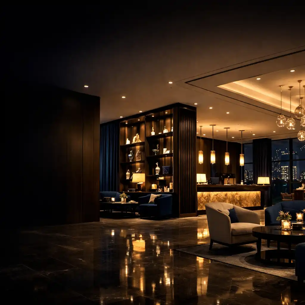 Nocne, eleganckie wnętrze hotelowego lobby