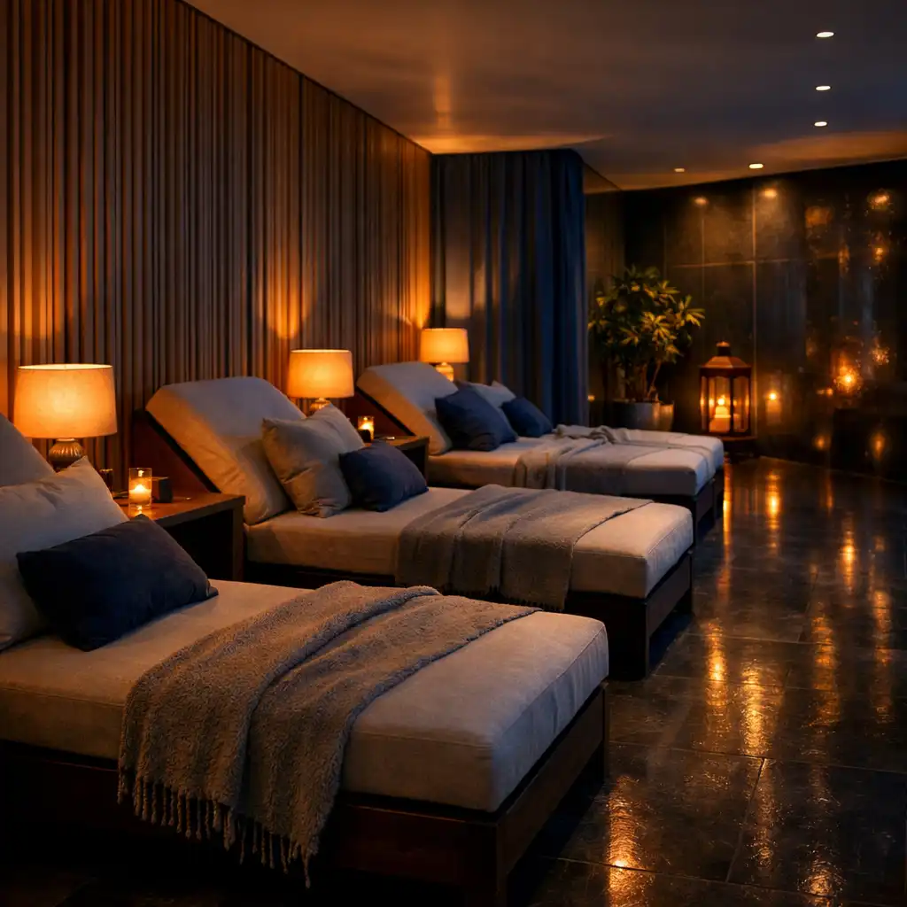 Spokojna hotelowa strefa relaksu w wieczornym świetle