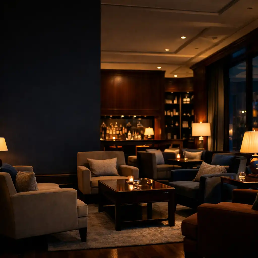 Wieczorny hotelowy salon z fotelami, lampami i ciemnym drewnem