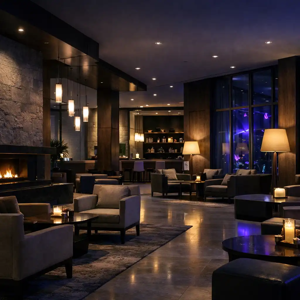 Wspólna hotelowa przestrzeń lounge nocą