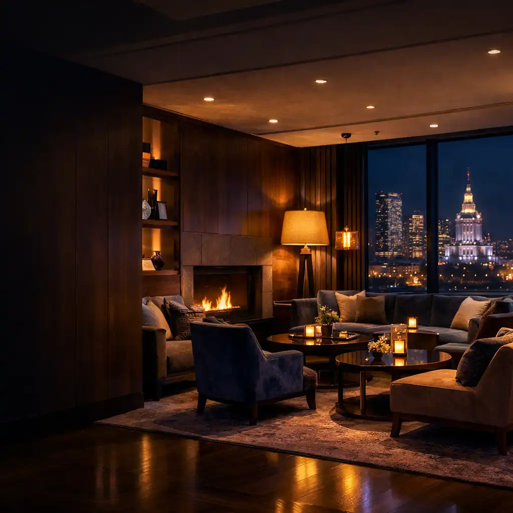 Nocny hotelowy lounge z fotelami i ciepłym światłem