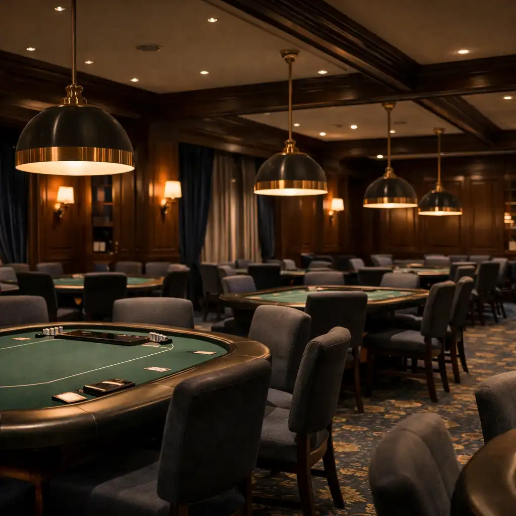 Stacjonarny salon pokerowy z fizycznymi stołami i krzesłami