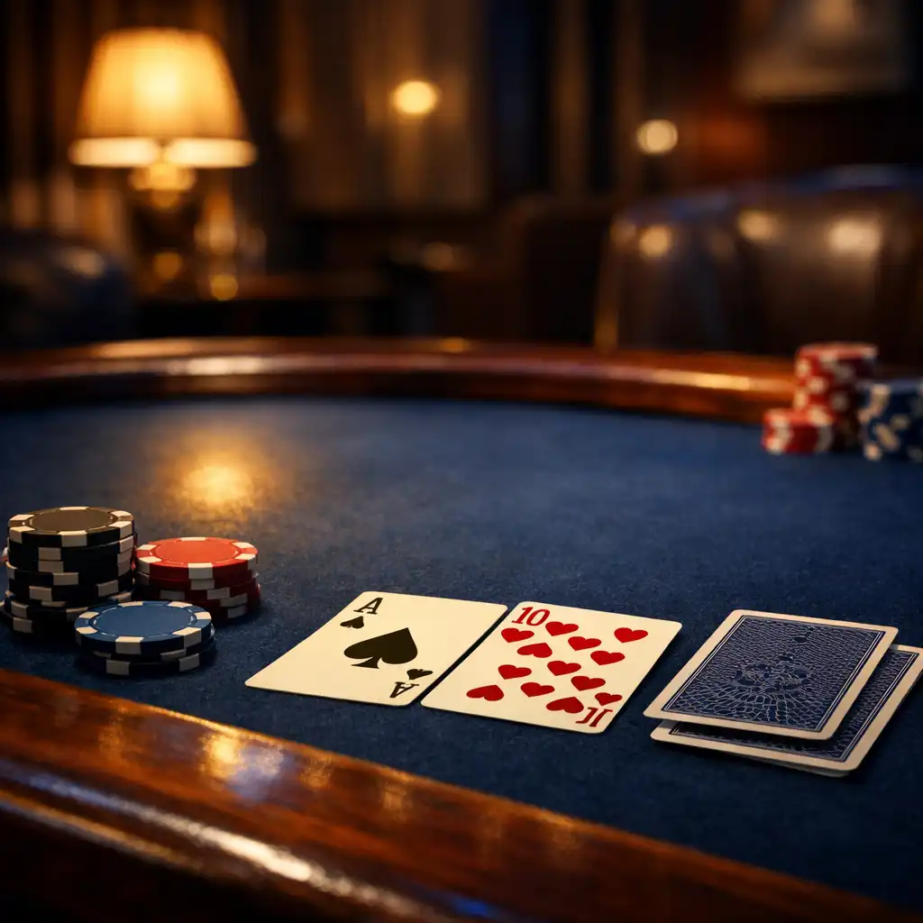 Detal fizycznego stołu pokerowego w hotelowym salonie