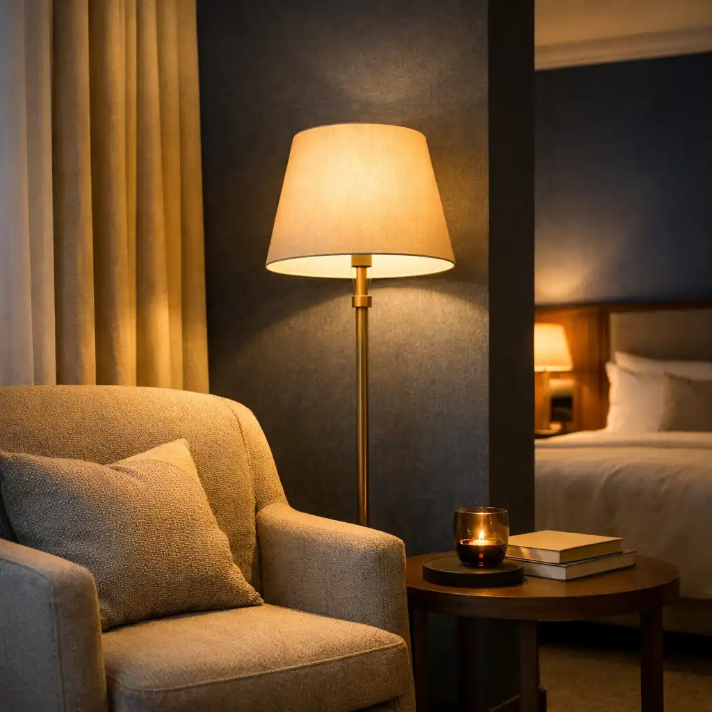 Strefa wypoczynku w eleganckim pokoju hotelowym z fotelem i lampą