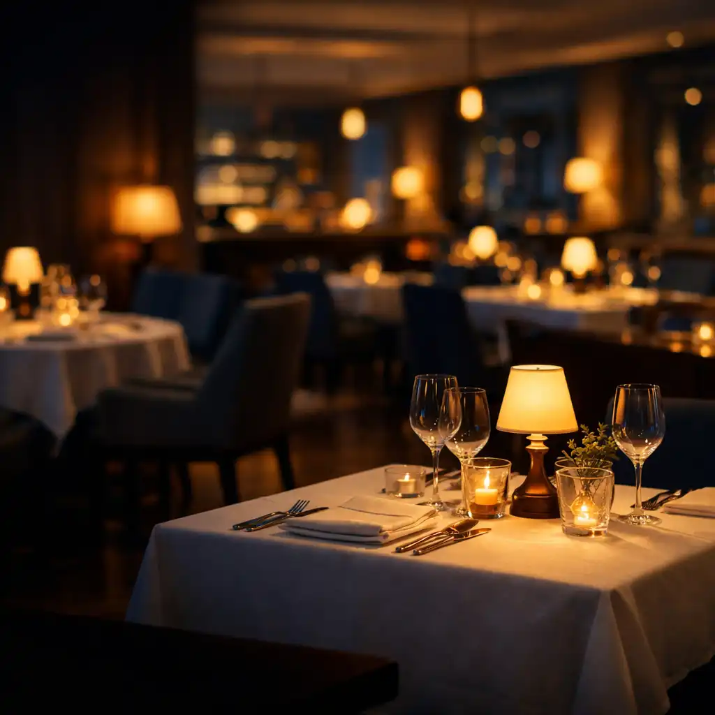 Elegancko nakryty stół w hotelowej restauracji wieczorem