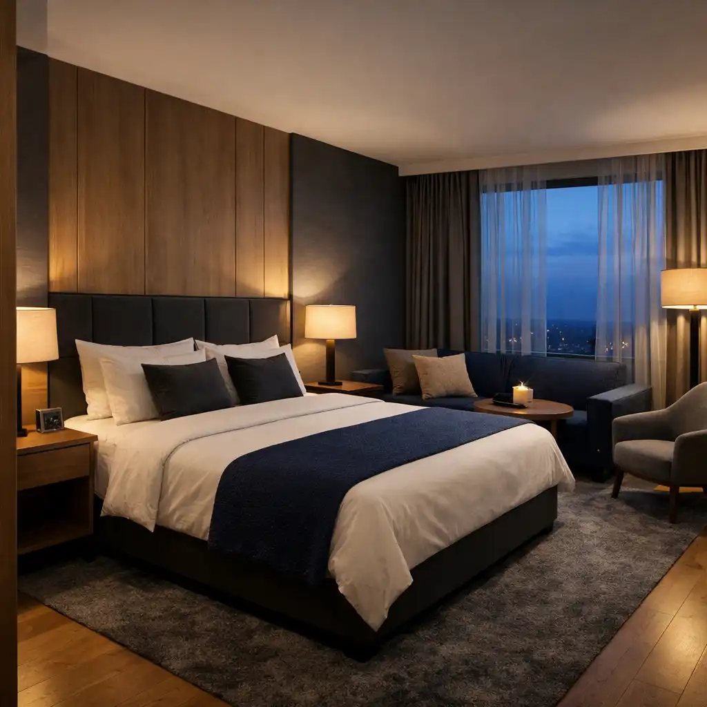 Nowoczesny pokój hotelowy o zmierzchu