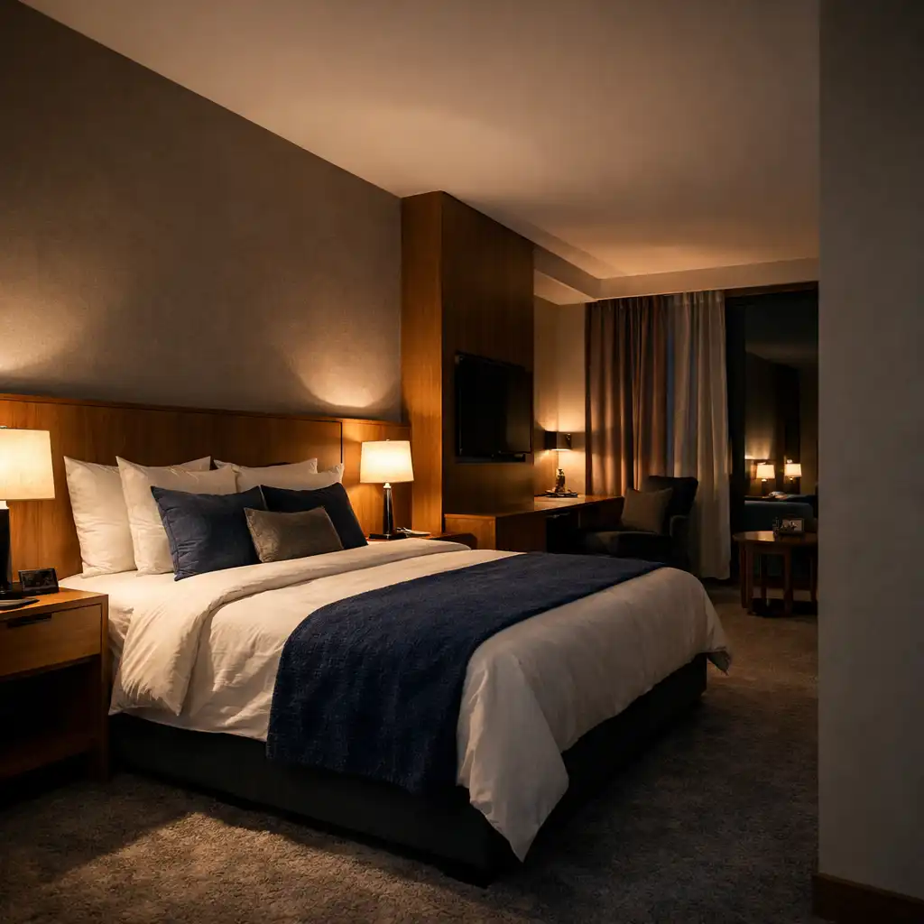 Współczesny hotelowy pokój z łóżkiem i ciepłym oświetleniem