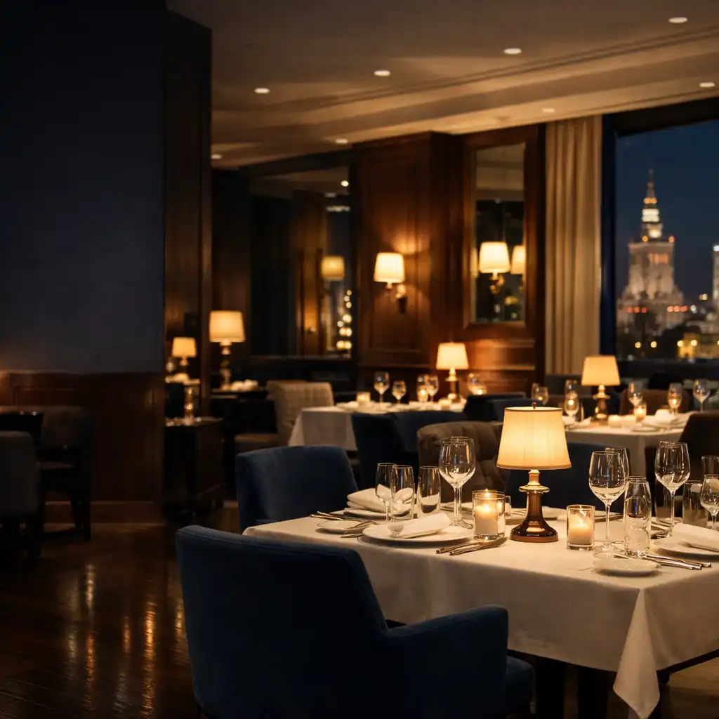 Wieczorne wnętrze restauracji LuxRest Hotel z elegancko nakrytymi stolikami