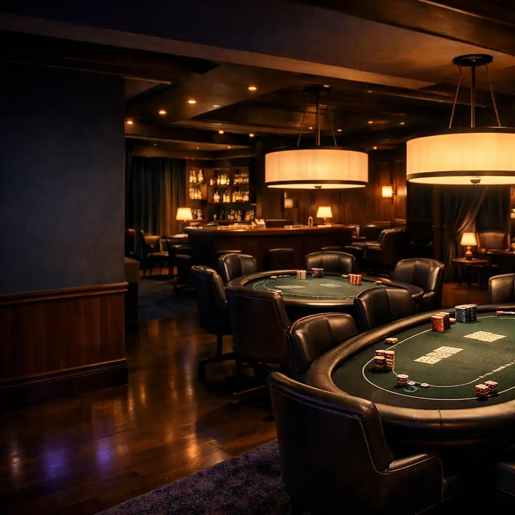 Wieczorne wnętrze salonu pokerowego LuxRest Hotel z fizycznymi stołami po prawej stronie