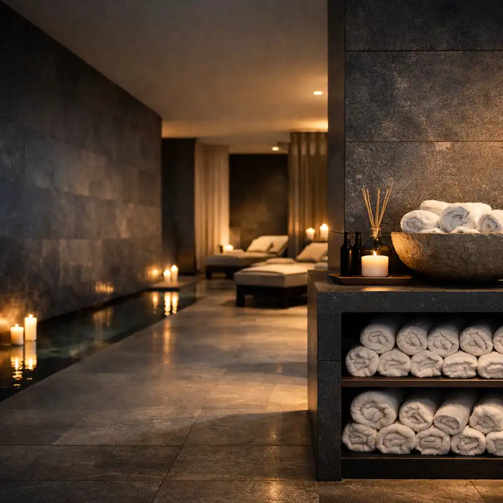 Spokojne wnętrze hotelowej strefy wellness w miękkim świetle