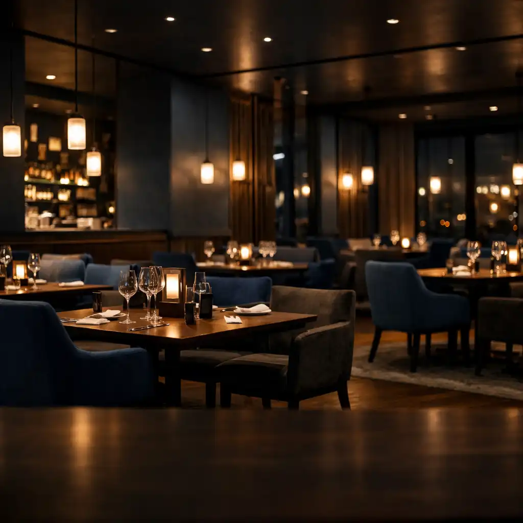 Szerokie wnętrze restauracji LuxRest Hotel po zmroku