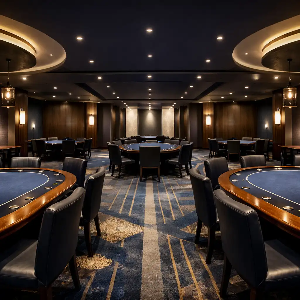 Panoramiczny widok salonu pokerowego LuxRest Hotel z fizycznymi stołami